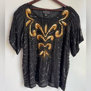 Vintage Jean Joseph Le Bon 100% Pure Silk Black Sequin‎ Top blouse Women XL Gold